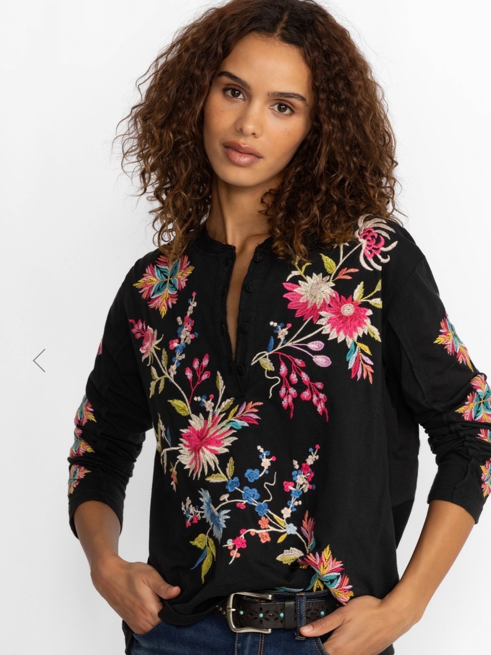 Johnny Was Julie Raw Seam Henley Black Floral Embroidered Tunic Top